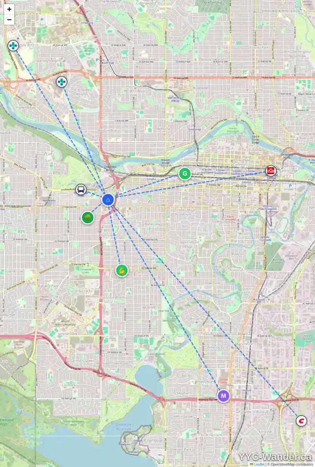 Daily accessibility map for 1707 SUFFOLK ST SW, Calgary showing nearby schools, grocery stores, parks, LRT stations and nearby amenities