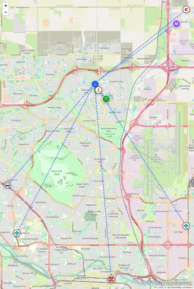 Daily accessibility map for 121 PANATELLA PL NW, Calgary showing nearby schools, grocery stores, parks, LRT stations and nearby amenities