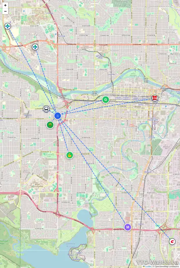 Daily accessibility map for 1711 24 ST SW, Calgary showing nearby schools, grocery stores, parks, LRT stations and nearby amenities
