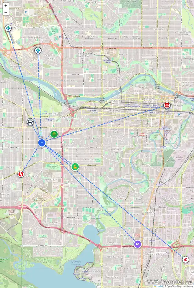 Daily accessibility map for 2 2421 29 ST SW, Calgary showing nearby schools, grocery stores, parks, LRT stations and nearby amenities
