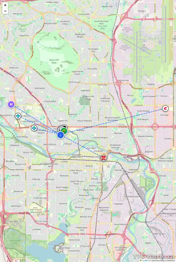 Daily accessibility map for 1823 11 AV NW, Calgary showing nearby schools, grocery stores, parks, LRT stations and nearby amenities