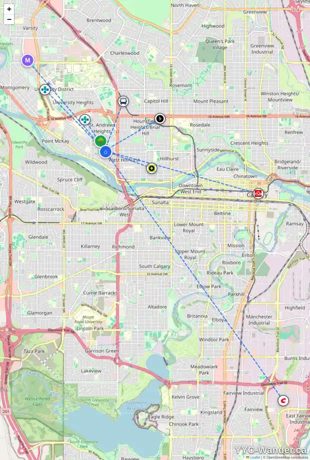 Daily accessibility map for 2709 6 AV NW, Calgary showing nearby schools, grocery stores, parks, LRT stations and nearby amenities