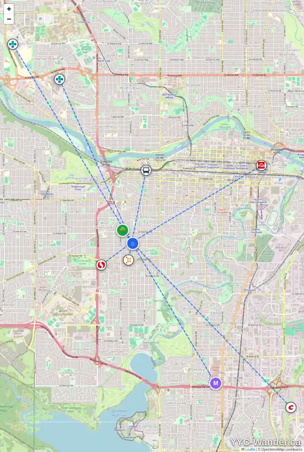 Daily accessibility map for 1910 29 AV SW, Calgary showing nearby schools, grocery stores, parks, LRT stations and nearby amenities
