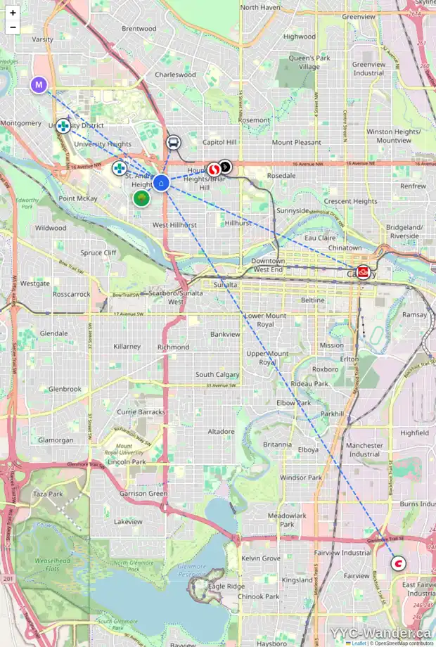 Daily accessibility map for 1335 UNIVERSITY DR NW, Calgary showing nearby schools, grocery stores, parks, LRT stations and nearby amenities