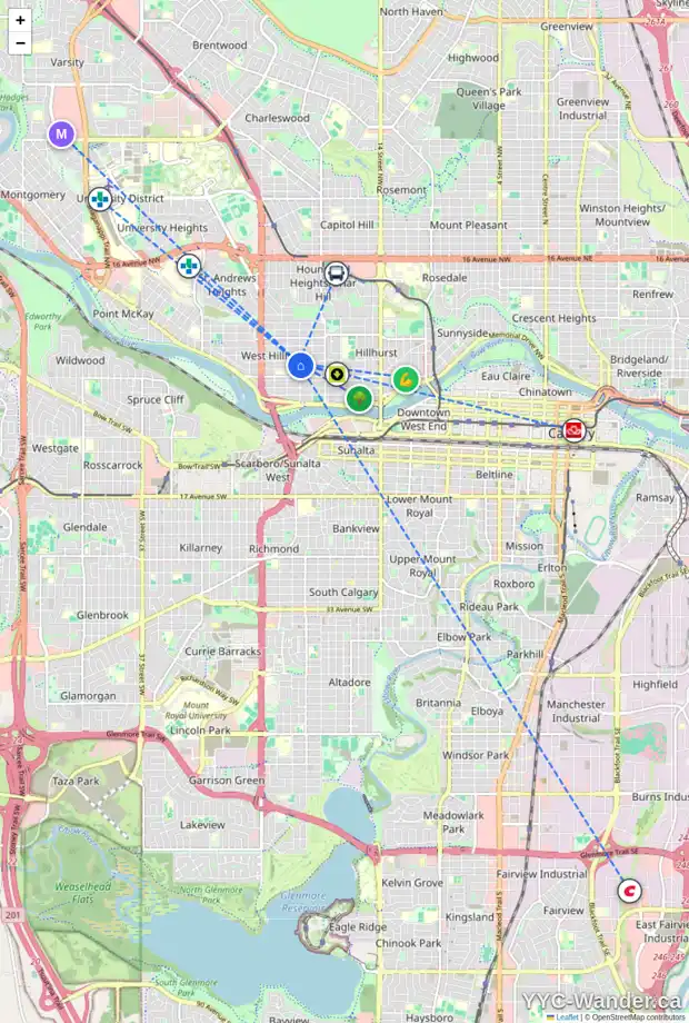 Daily accessibility map for 2201 2 AV NW, Calgary showing nearby schools, grocery stores, parks, LRT stations and nearby amenities