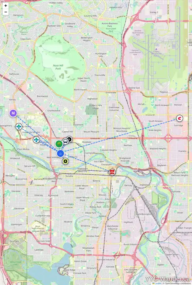 Daily accessibility map for 2113 6 AV NW, Calgary showing nearby schools, grocery stores, parks, LRT stations and nearby amenities
