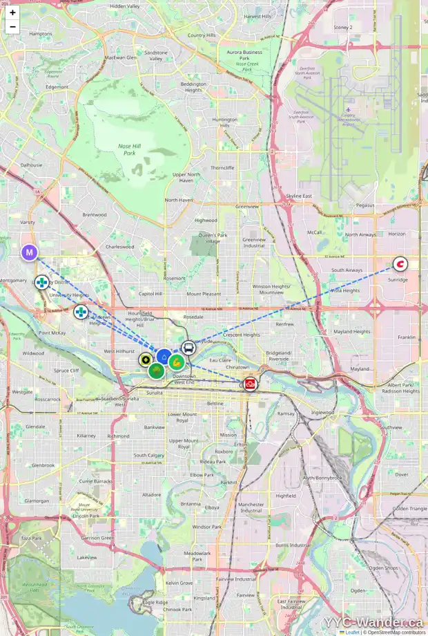 Daily accessibility map for 212 15 ST NW, Calgary showing nearby schools, grocery stores, parks, LRT stations and nearby amenities