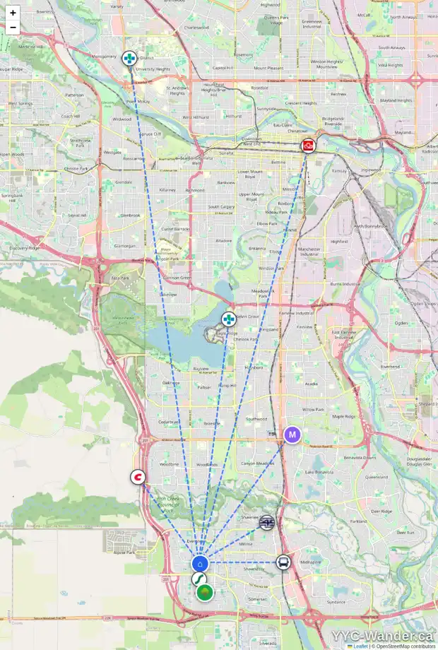 Daily accessibility map for 11 EVERRIDGE RD SW, Calgary showing nearby schools, grocery stores, parks, LRT stations and nearby amenities