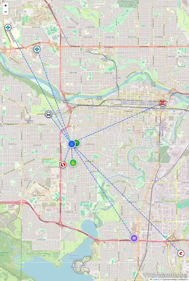 Daily accessibility map for 2140 26 AV SW, Calgary showing nearby schools, grocery stores, parks, LRT stations and nearby amenities