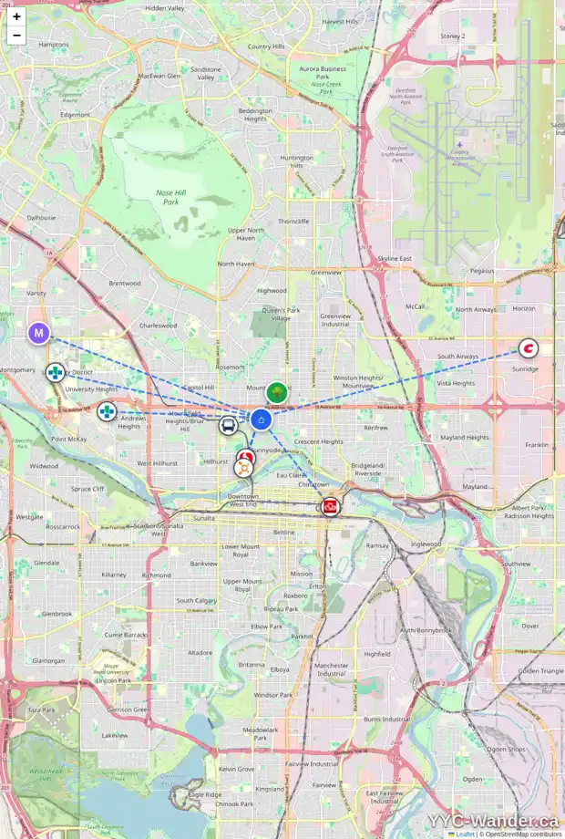 Daily accessibility map for 1422 8 ST NW, Calgary showing nearby schools, grocery stores, parks, LRT stations and nearby amenities