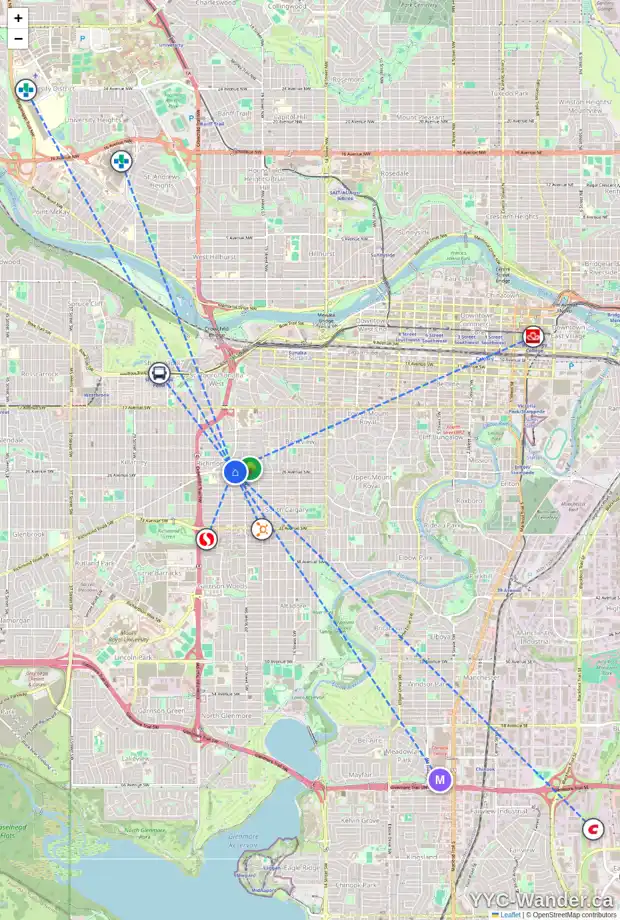 Daily accessibility map for 2646 21 ST SW, Calgary showing nearby schools, grocery stores, parks, LRT stations and nearby amenities