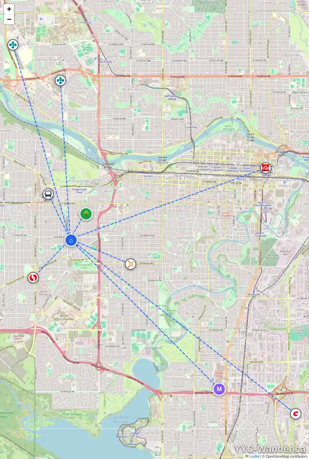 Daily accessibility map for 2811 28 ST SW, Calgary showing nearby schools, grocery stores, parks, LRT stations and nearby amenities