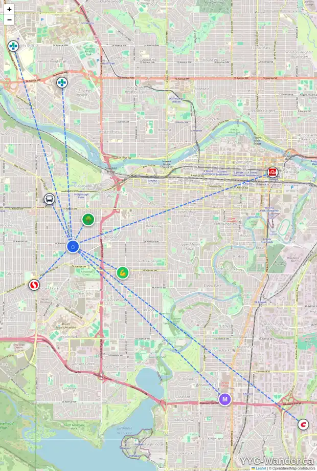 Daily accessibility map for 2813 28 ST SW, Calgary showing nearby schools, grocery stores, parks, LRT stations and nearby amenities