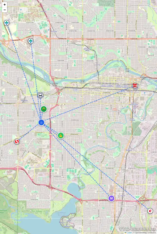 Daily accessibility map for 2814 26A ST SW, Calgary showing nearby schools, grocery stores, parks, LRT stations and nearby amenities