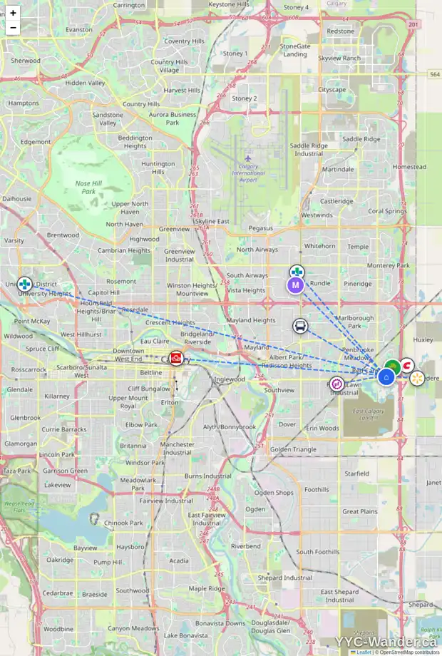 Daily accessibility map for 304 7038 16 AV SE, Calgary showing nearby schools, grocery stores, parks, LRT stations and nearby amenities