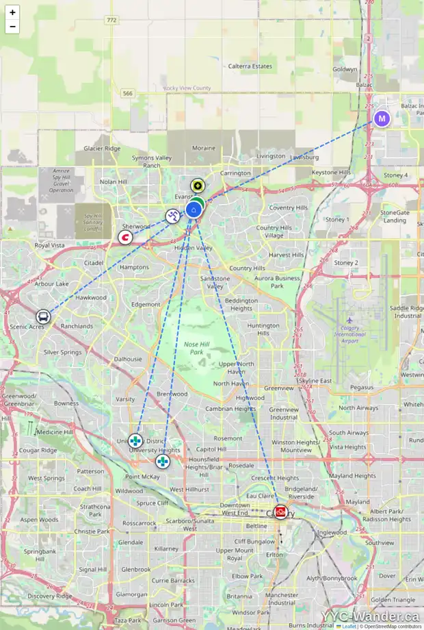 Daily accessibility map for 424 EVANSTON VW NW, Calgary showing nearby schools, grocery stores, parks, LRT stations and nearby amenities
