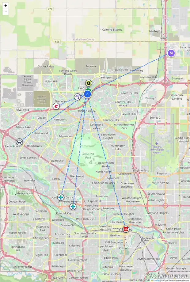Daily accessibility map for 417 EVANSTON VW NW, Calgary showing nearby schools, grocery stores, parks, LRT stations and nearby amenities