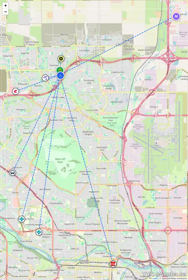 Daily accessibility map for 47 EVANSMEADE CM NW, Calgary showing nearby schools, grocery stores, parks, LRT stations and nearby amenities