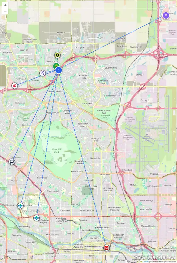 Daily accessibility map for 107 EVANSMEADE CM NW, Calgary showing nearby schools, grocery stores, parks, LRT stations and nearby amenities