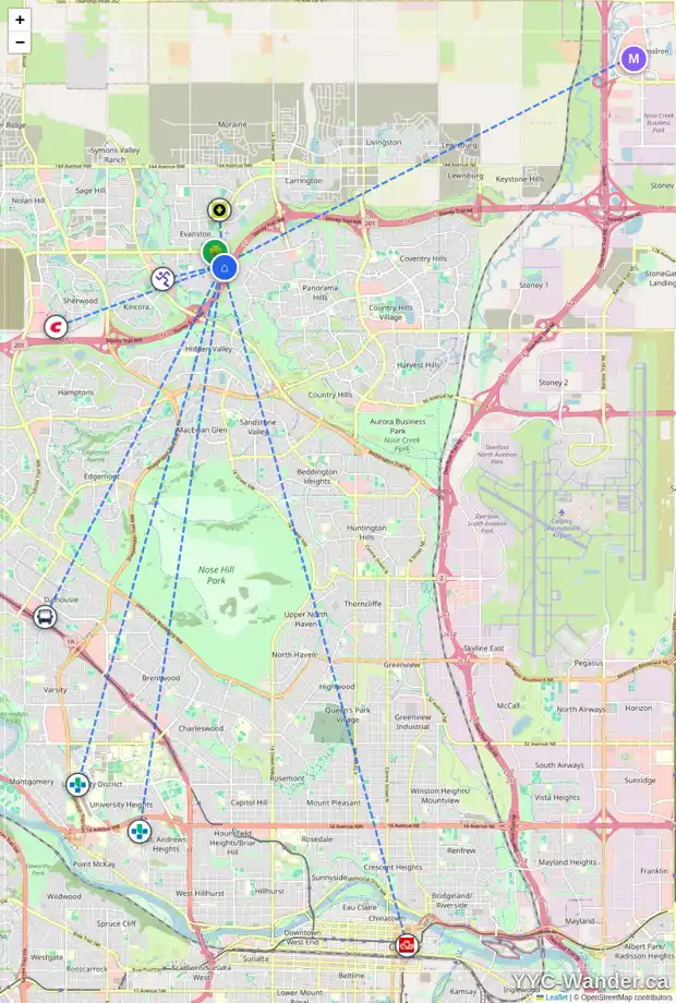 Daily accessibility map for 111 EVANSMEADE CM NW, Calgary showing nearby schools, grocery stores, parks, LRT stations and nearby amenities