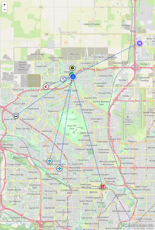 Daily accessibility map for 147 EVANSMEADE CM NW, Calgary showing nearby schools, grocery stores, parks, LRT stations and nearby amenities