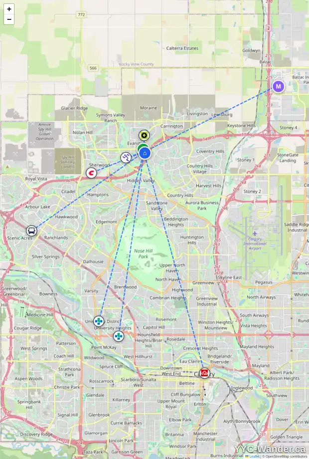 Daily accessibility map for 159 EVANSMEADE CM NW, Calgary showing nearby schools, grocery stores, parks, LRT stations and nearby amenities