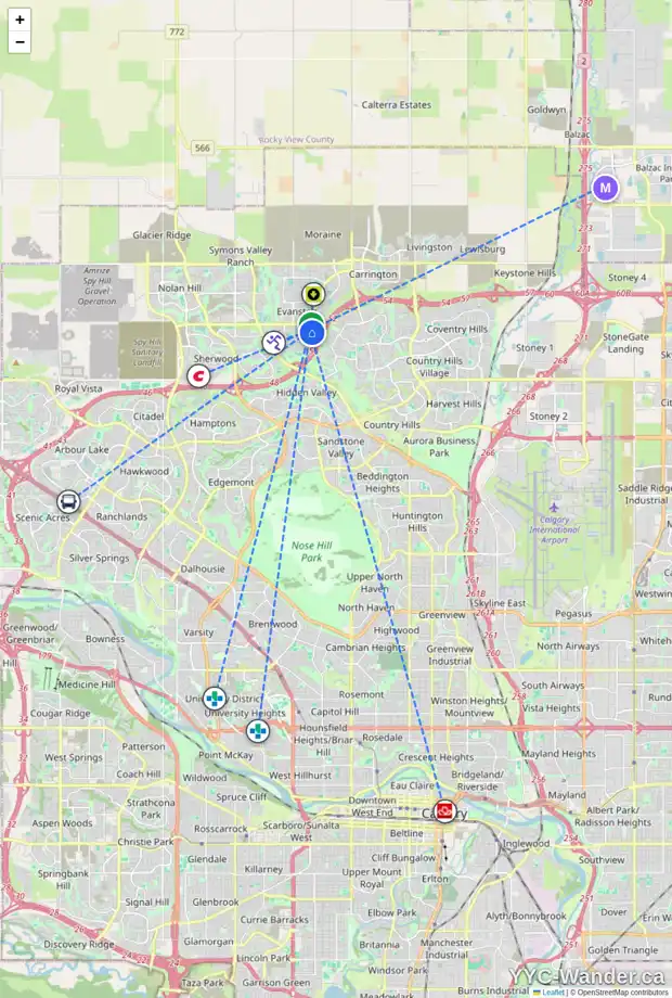 Daily accessibility map for 191 EVANSMEADE CM NW, Calgary showing nearby schools, grocery stores, parks, LRT stations and nearby amenities