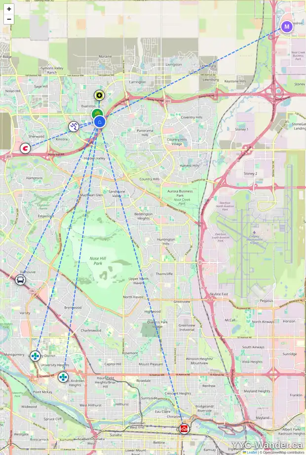Daily accessibility map for 68 EVANSMEADE CM NW, Calgary showing nearby schools, grocery stores, parks, LRT stations and nearby amenities