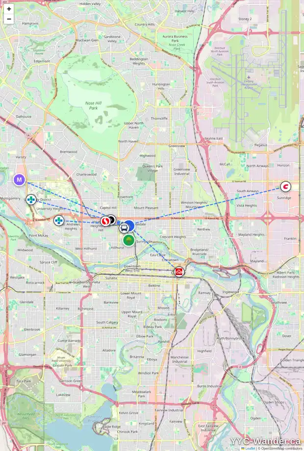 Daily accessibility map for 1301 16 AV NW, Calgary showing nearby schools, grocery stores, parks, LRT stations and nearby amenities