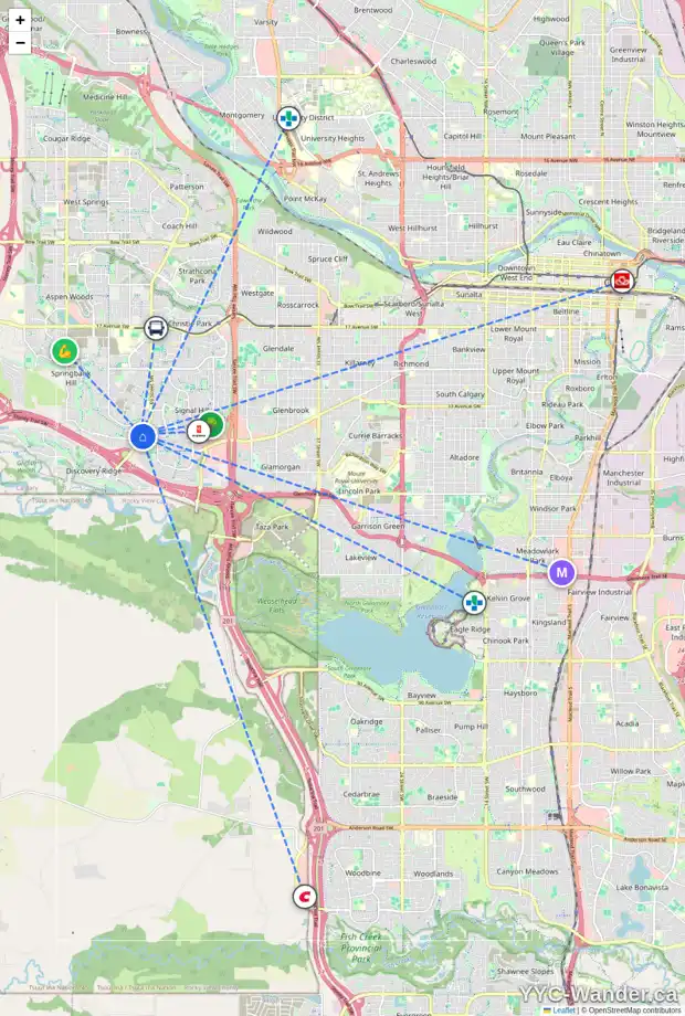 Daily accessibility map for 248 SPRINGBANK VI SW, Calgary showing nearby schools, grocery stores, parks, LRT stations and nearby amenities