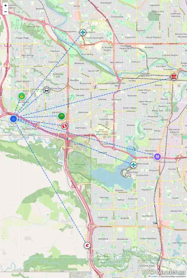 Daily accessibility map for 6 DISCOVERY RIDGE HT SW, Calgary showing nearby schools, grocery stores, parks, LRT stations and nearby amenities
