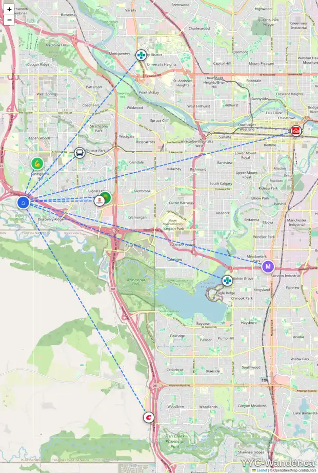 Daily accessibility map for 10 DISCOVERY RIDGE HT SW, Calgary showing nearby schools, grocery stores, parks, LRT stations and nearby amenities
