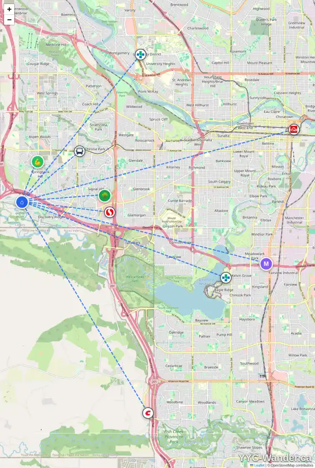Daily accessibility map for 34 DISCOVERY RIDGE HT SW, Calgary showing nearby schools, grocery stores, parks, LRT stations and nearby amenities