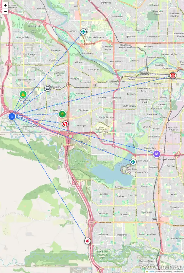 Daily accessibility map for 78 DISCOVERY RIDGE HT SW, Calgary showing nearby schools, grocery stores, parks, LRT stations and nearby amenities