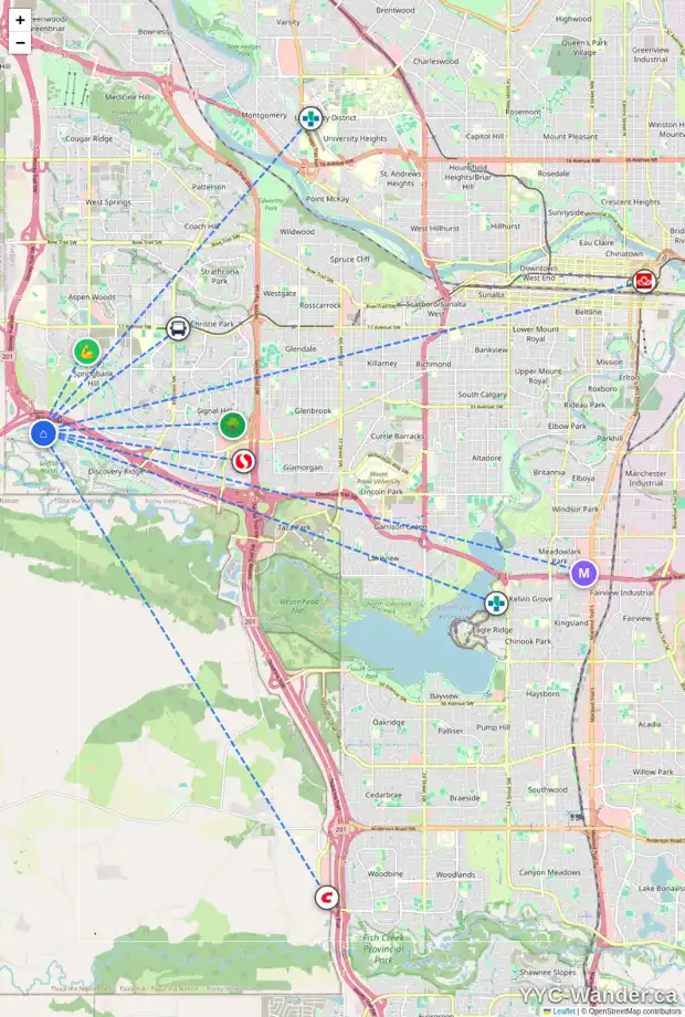 Daily accessibility map for 86 DISCOVERY RIDGE HT SW, Calgary showing nearby schools, grocery stores, parks, LRT stations and nearby amenities