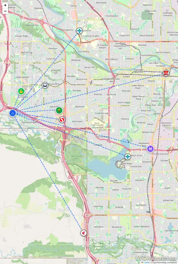 Daily accessibility map for 33 DISCOVERY RIDGE HT SW, Calgary showing nearby schools, grocery stores, parks, LRT stations and nearby amenities