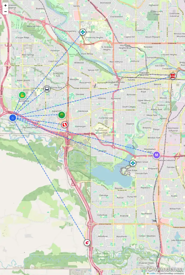 Daily accessibility map for 45 DISCOVERY RIDGE HT SW, Calgary showing nearby schools, grocery stores, parks, LRT stations and nearby amenities