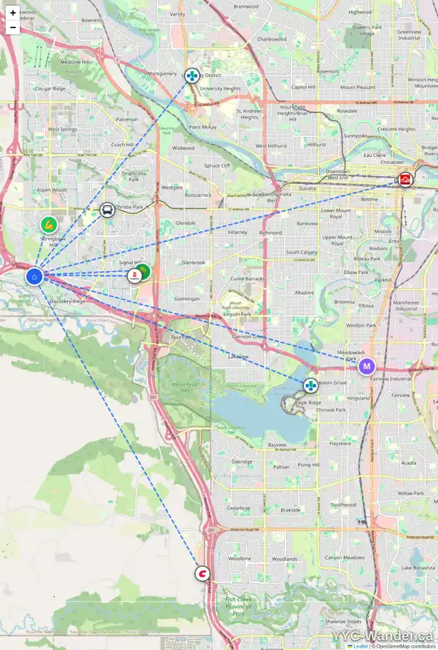 Daily accessibility map for 270 DISCOVERY RIDGE WY SW, Calgary showing nearby schools, grocery stores, parks, LRT stations and nearby amenities