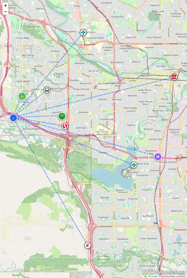 Daily accessibility map for 322 DISCOVERY RIDGE WY SW, Calgary showing nearby schools, grocery stores, parks, LRT stations and nearby amenities