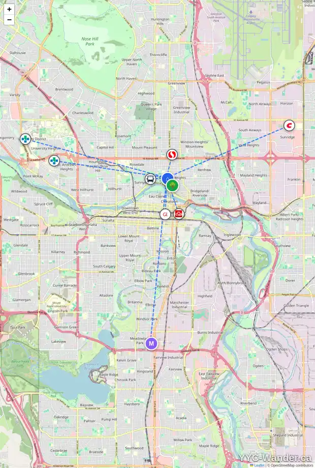 Daily accessibility map for 131 8 AV NW, Calgary showing nearby schools, grocery stores, parks, LRT stations and nearby amenities