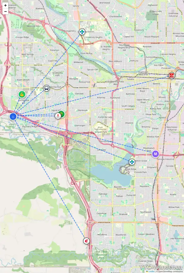 Daily accessibility map for 329 DISCOVERY RIDGE WY SW, Calgary showing nearby schools, grocery stores, parks, LRT stations and nearby amenities