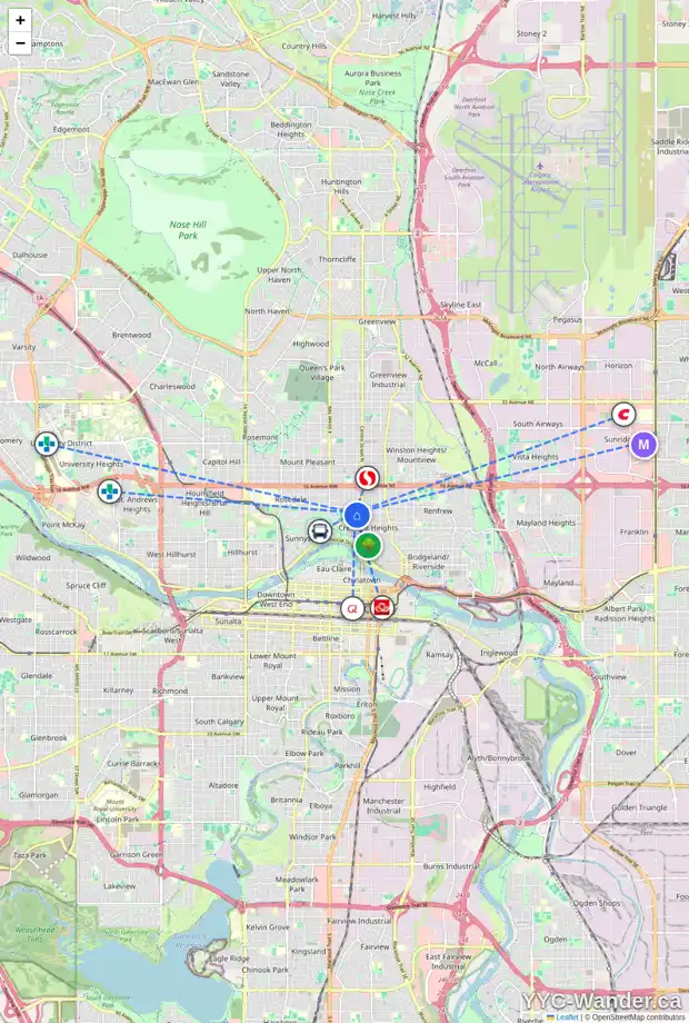 Daily accessibility map for 1 133 11 AV NW, Calgary showing nearby schools, grocery stores, parks, LRT stations and nearby amenities