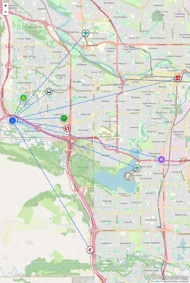 Daily accessibility map for 361 DISCOVERY RIDGE WY SW, Calgary showing nearby schools, grocery stores, parks, LRT stations and nearby amenities