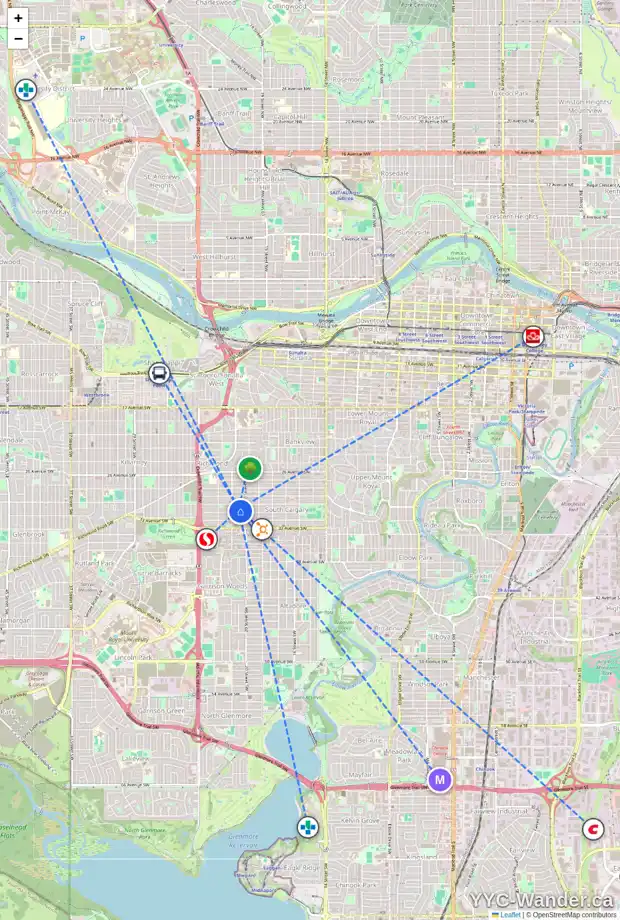 Daily accessibility map for 2124 31 AV SW, Calgary showing nearby schools, grocery stores, parks, LRT stations and nearby amenities