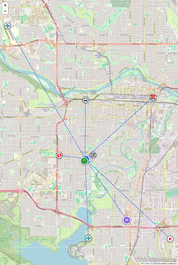 Daily accessibility map for 2 3718 16 ST SW, Calgary showing nearby schools, grocery stores, parks, LRT stations and nearby amenities