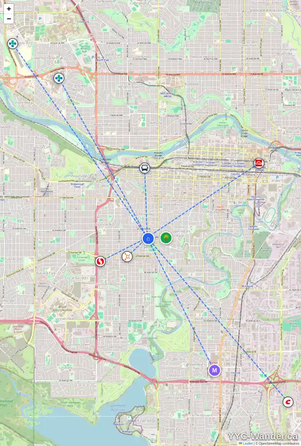 Daily accessibility map for 313 1631 28 AV SW, Calgary showing nearby schools, grocery stores, parks, LRT stations and nearby amenities