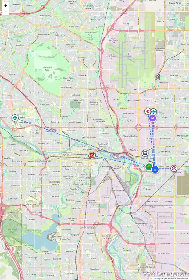 Daily accessibility map for 2008 35 ST SE, Calgary showing nearby schools, grocery stores, parks, LRT stations and nearby amenities