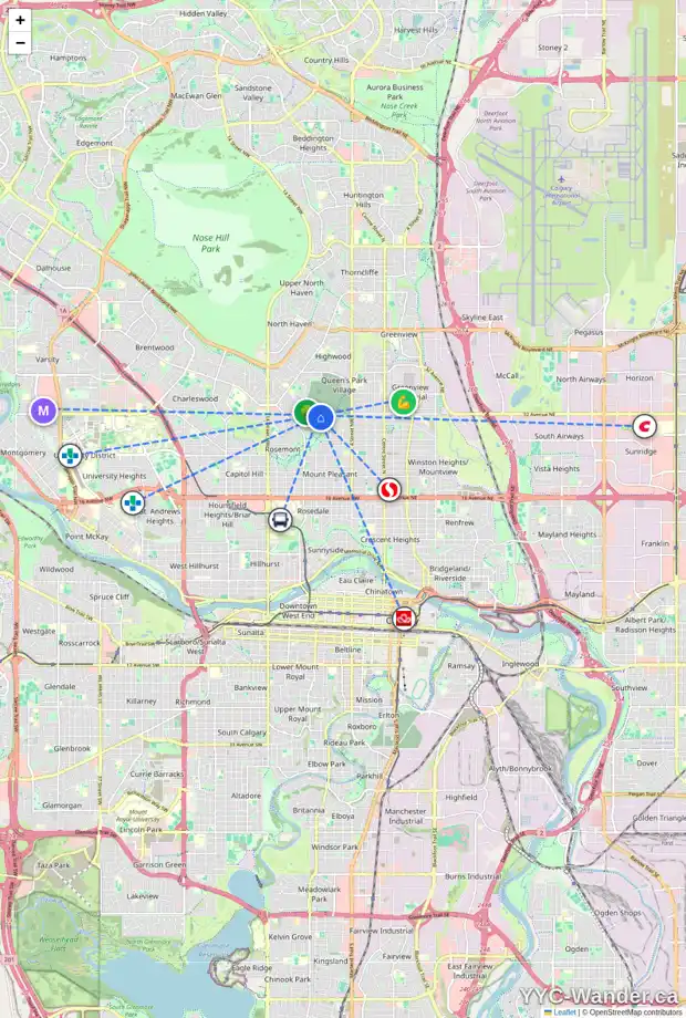 Daily accessibility map for 913 32 AV NW, Calgary showing nearby schools, grocery stores, parks, LRT stations and nearby amenities