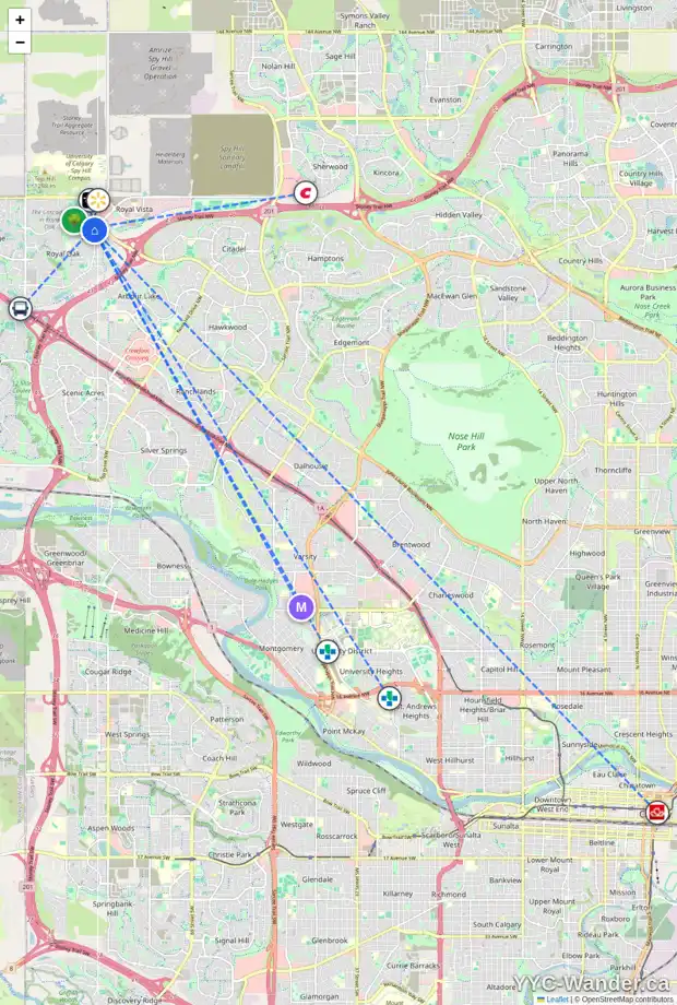Daily accessibility map for 6 ROYAL BIRCH MT NW, Calgary showing nearby schools, grocery stores, parks, LRT stations and nearby amenities