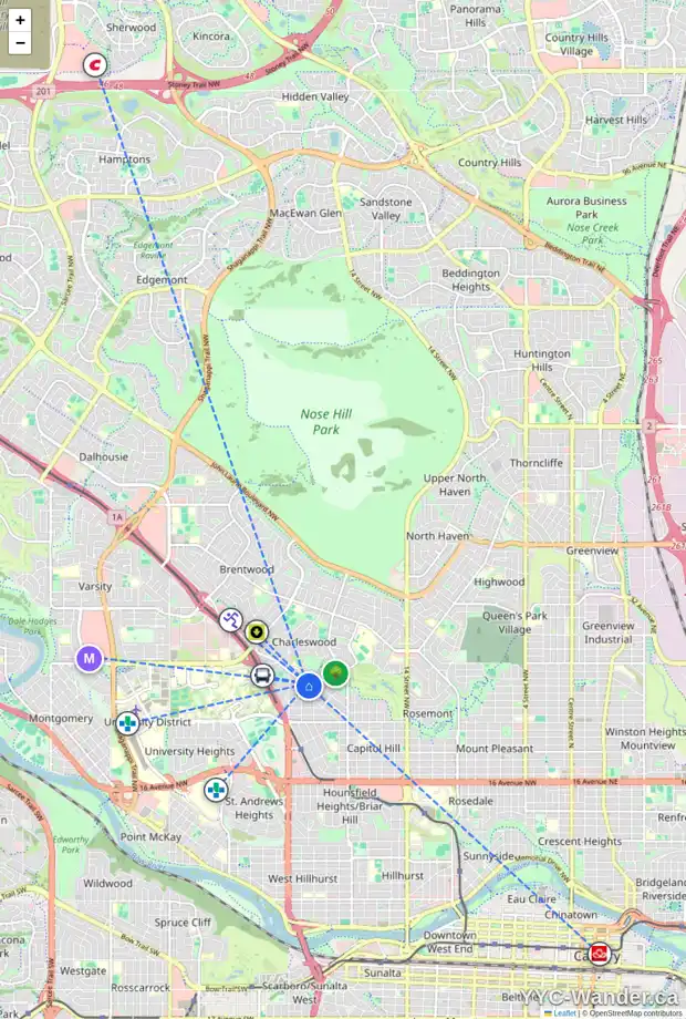 Daily accessibility map for 2012 28 AV NW, Calgary showing nearby schools, grocery stores, parks, LRT stations and nearby amenities